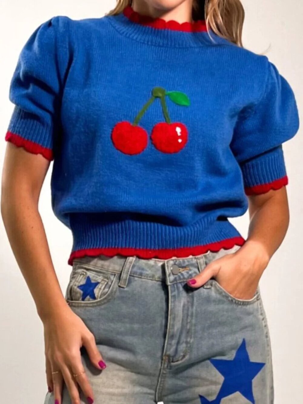 Blue Cherry Mock Neck Cropped Sweater - Picture 3 of 5